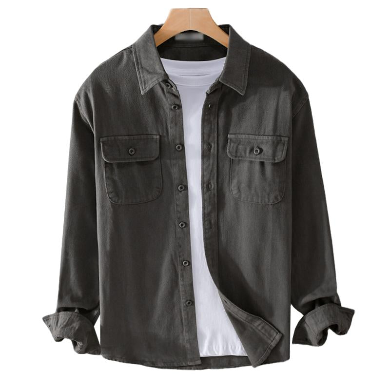 Men's Casual Cotton Breathable Lapel Single Breasted Loose Long Sleeve Shirt