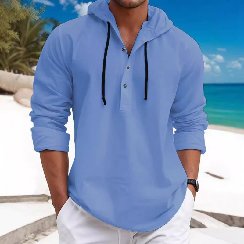 Men's Solid Loose Hooded Long Sleeve Casual Shirt