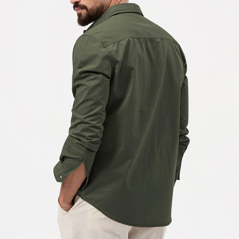 Men's Solid Lapel Breast Pocket Long Sleeve Cargo Shirt