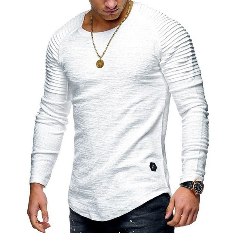 Men's Casual Solid Color Pleated Stitching Round Neck Long Sleeve T-Shirt