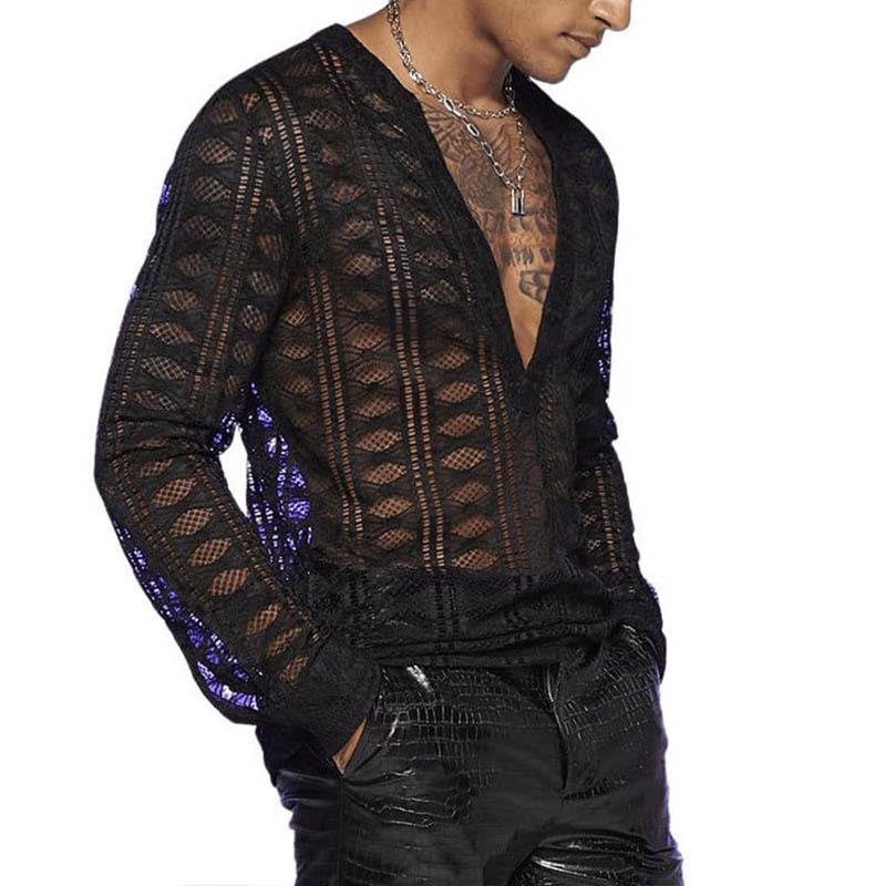 Men's Sexy Deep V-Neck Mesh Hollow Slim Long Sleeve T-shirt