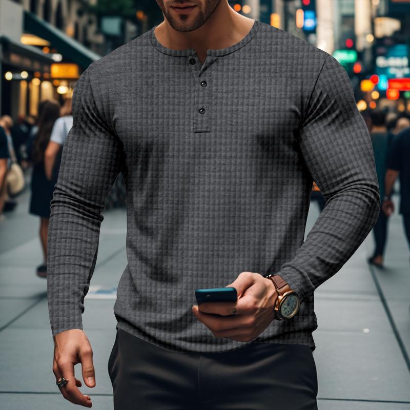 Men’s Casual Vintage Long Sleeve Henley T-Shirt with a Unique Solid and Checkered Design Ideal for Relaxed, Stylish Days