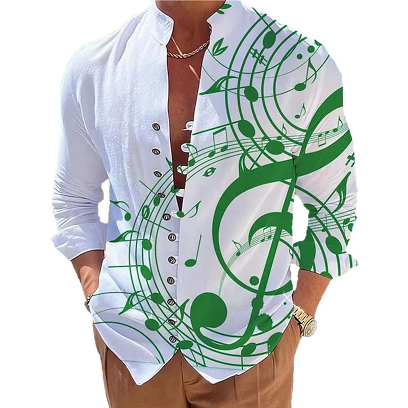 Men's Stand Collar Printed Musical Note Printed Button Long Sleeve Shirt