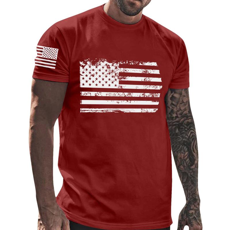 Men's Independence Day Crew Neck American Flag Print Top T-Shirt