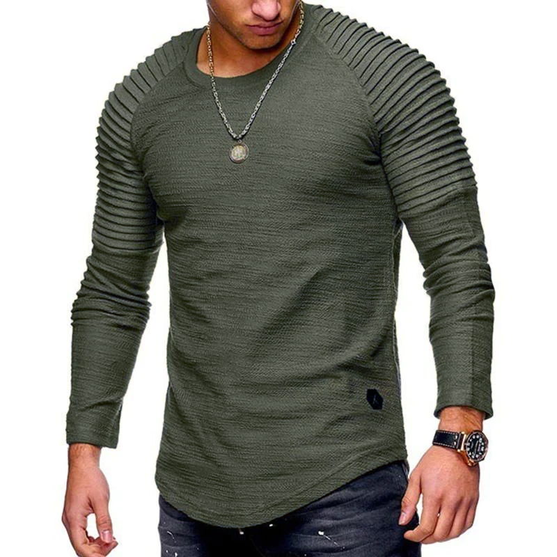 Men's Casual Solid Color Pleated Stitching Round Neck Long Sleeve T-Shirt