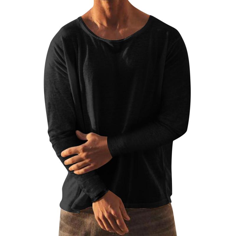 Men's Solid Loose Round Neck Long Sleeve Linen T-shirt