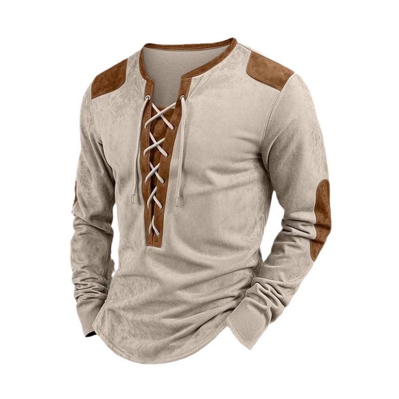 Men's Colorblock Lace-up Henley Collar Long Sleeve Casual T-shirt