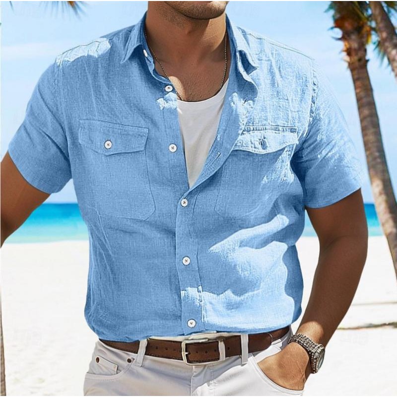 Men's Casual Cotton Linen Solid Color Lapel Flap Pocket Short Sleeve Shirt