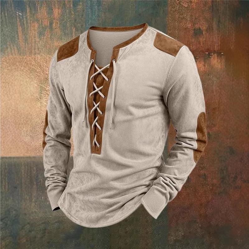 Men's Colorblock Lace-up Henley Collar Long Sleeve Casual T-shirt