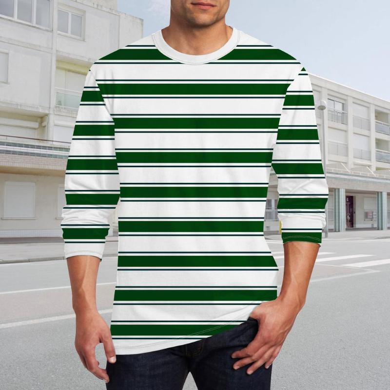 Men's Round Neck Printed Striped Long Sleeve T-shirt