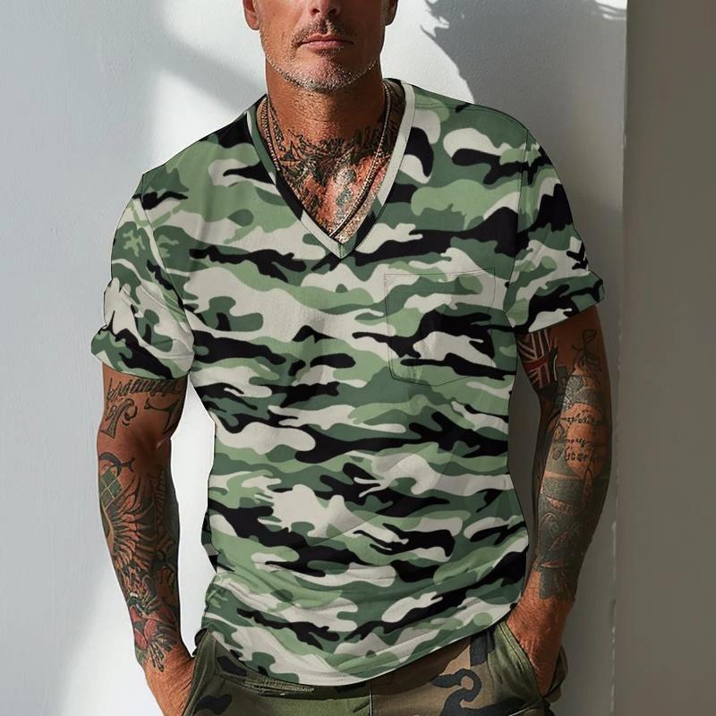 Men's Camouflage V Neck Breast Pocket Short Sleeve T-shirt