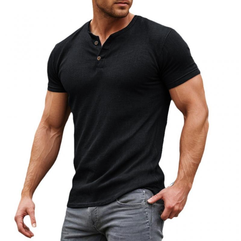 Men's Casual Solid Cotton Blend Slim Fit Henley Neck Short Sleeve T-Shirt