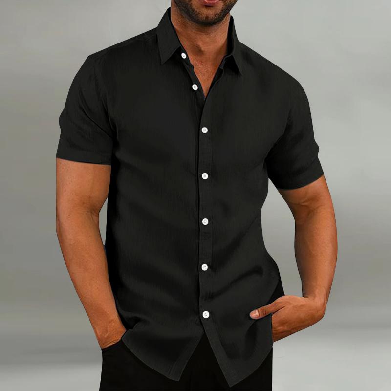 Men's Casual Cotton Linen Loose Lapel Slim Fit Short-sleeved Shirt