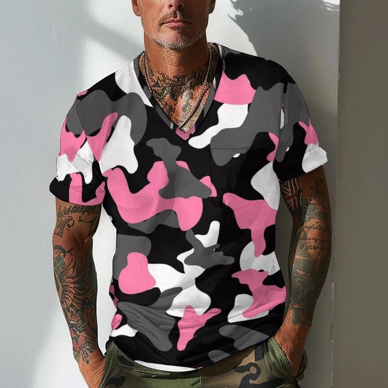 Men's Camouflage V Neck Breast Pocket Short Sleeve T-shirt