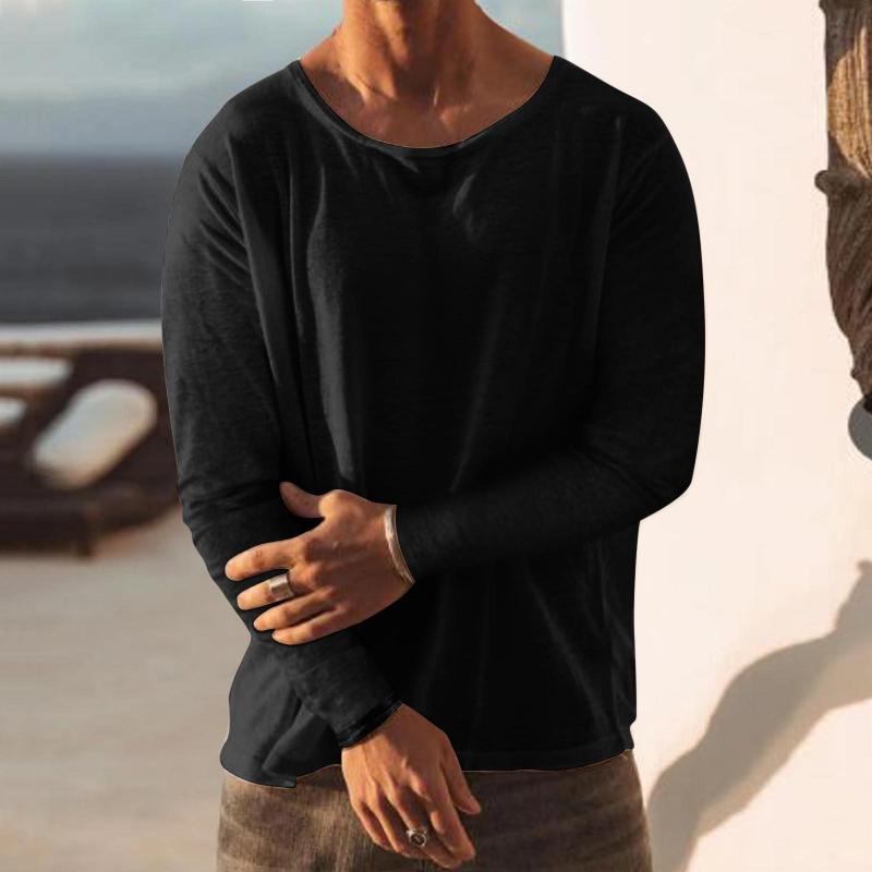 Men's Solid Loose Round Neck Long Sleeve Linen T-shirt