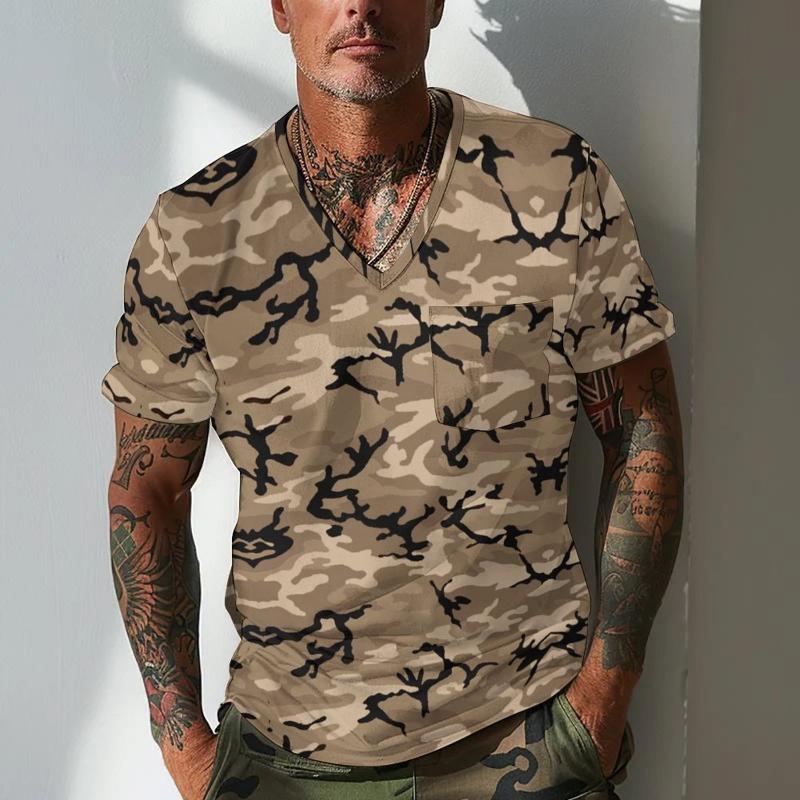 Men's Camouflage V Neck Breast Pocket Short Sleeve T-shirt