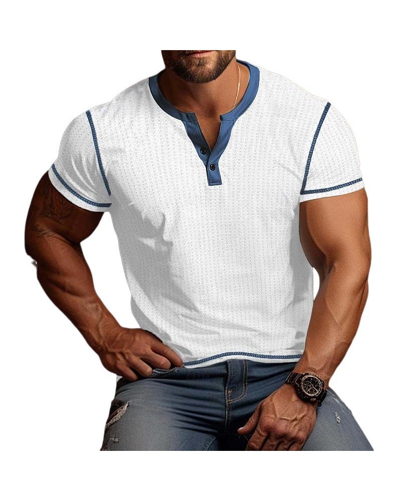 Men's Vintage Colorblock Waffle Henley Neck Short Sleeve T-Shirt