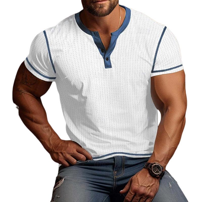 Men's Vintage Colorblock Waffle Henley Neck Short Sleeve T-Shirt