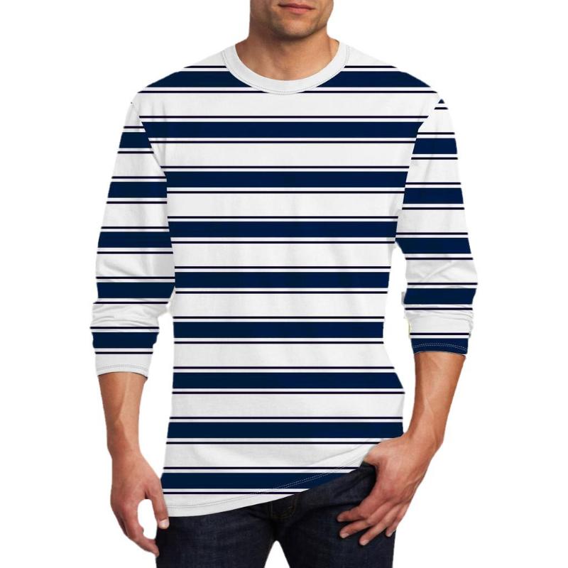 Men's Round Neck Printed Striped Long Sleeve T-shirt