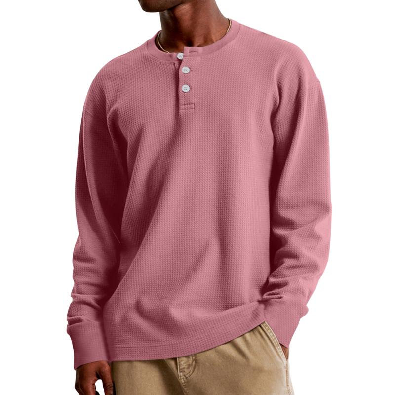 Men's Casual Waffle Henley Collar Loose Long Sleeve T-Shirt