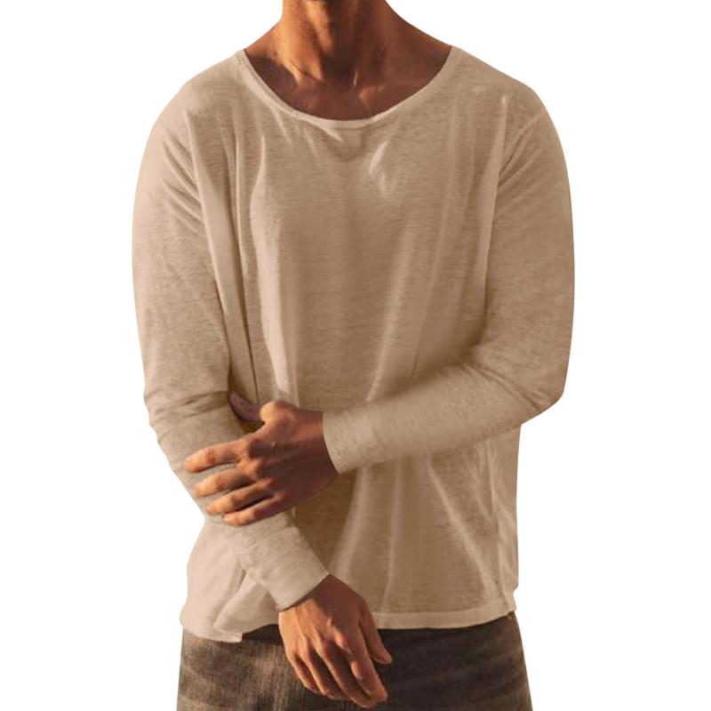 Men's Solid Loose Round Neck Long Sleeve Linen T-shirt