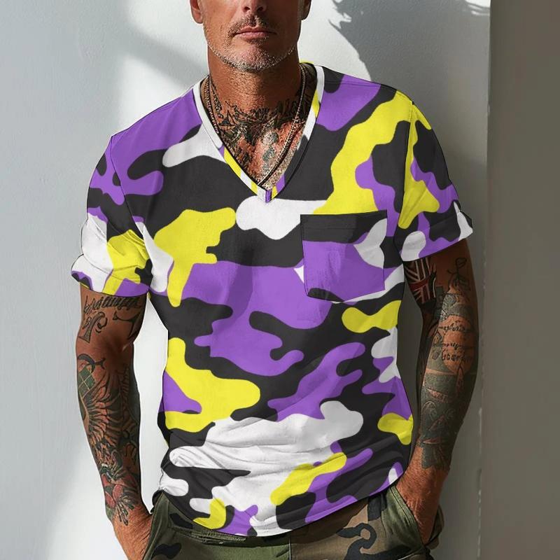 Men's Camouflage V Neck Breast Pocket Short Sleeve T-shirt