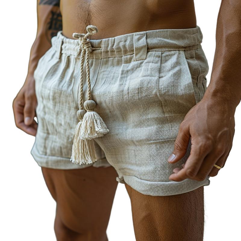 Men's Casual Cotton Linen Solid Color Elastic Waist Holiday Shorts