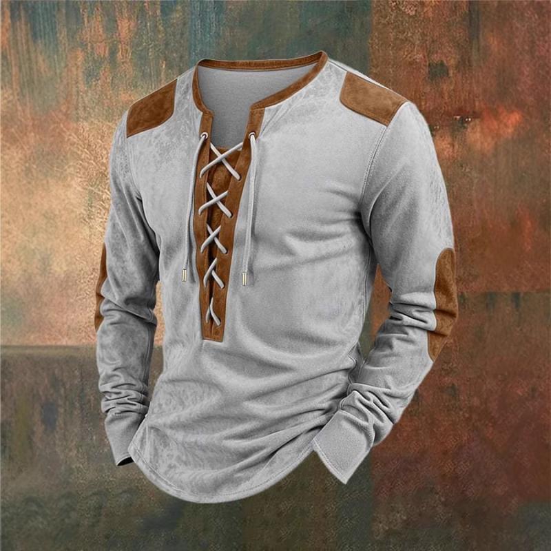 Men's Colorblock Lace-up Henley Collar Long Sleeve Casual T-shirt