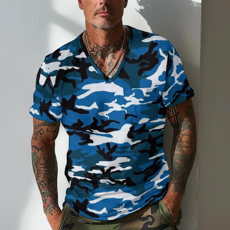 Men's Camouflage V Neck Breast Pocket Short Sleeve T-shirt