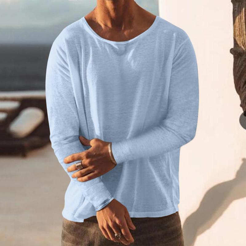 Men's Solid Loose Round Neck Long Sleeve Linen T-shirt