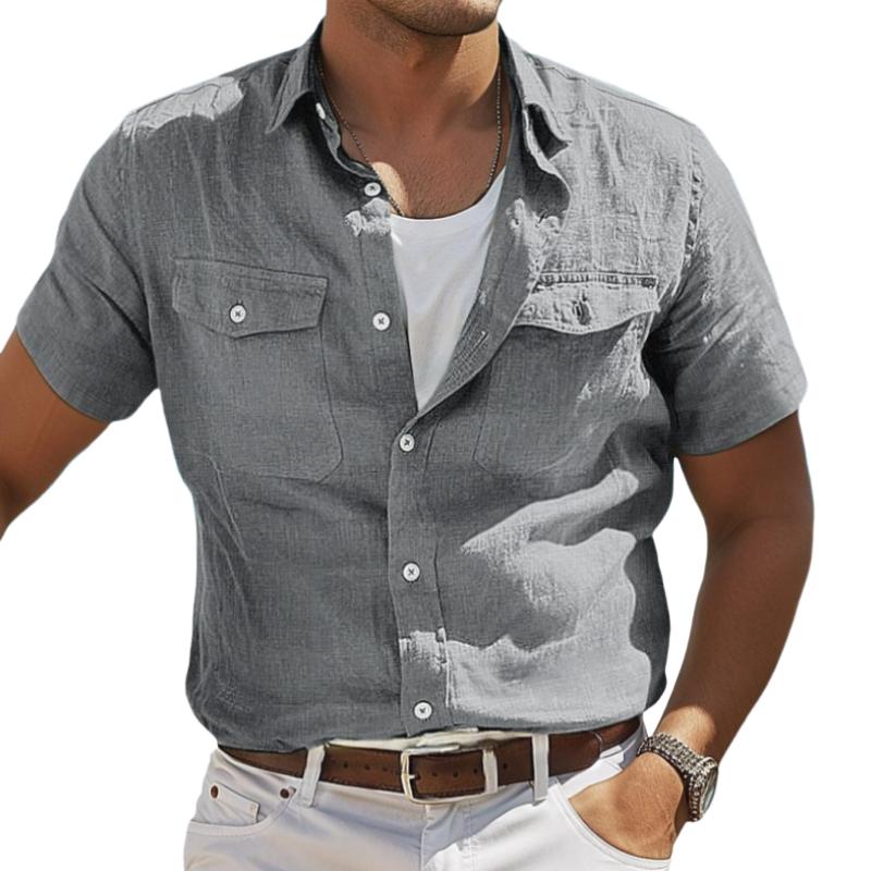 Men's Casual Cotton Linen Solid Color Lapel Flap Pocket Short Sleeve Shirt