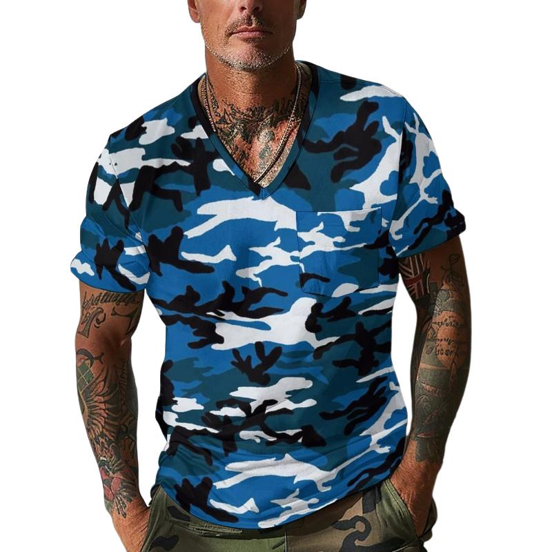 Men's Camouflage V Neck Breast Pocket Short Sleeve T-shirt