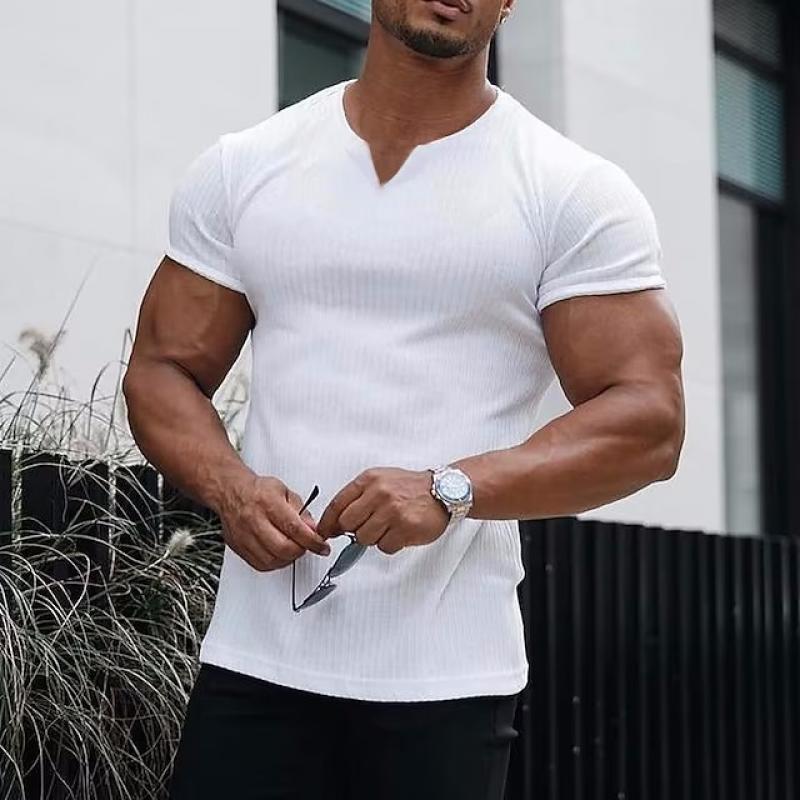 Men's V Neck Solid Striped Short Sleeve T-shirt