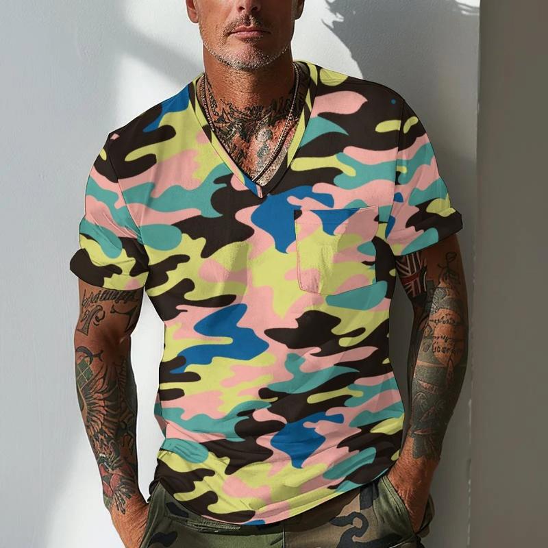 Men's Camouflage V Neck Breast Pocket Short Sleeve T-shirt