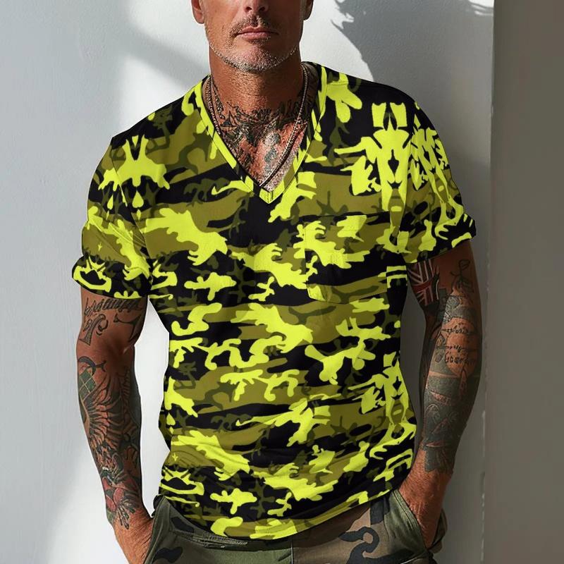 Men's Camouflage V Neck Breast Pocket Short Sleeve T-shirt