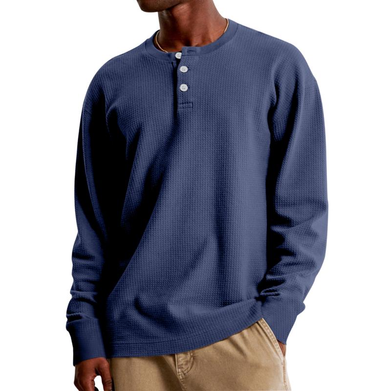 Men's Casual Waffle Henley Collar Loose Long Sleeve T-Shirt