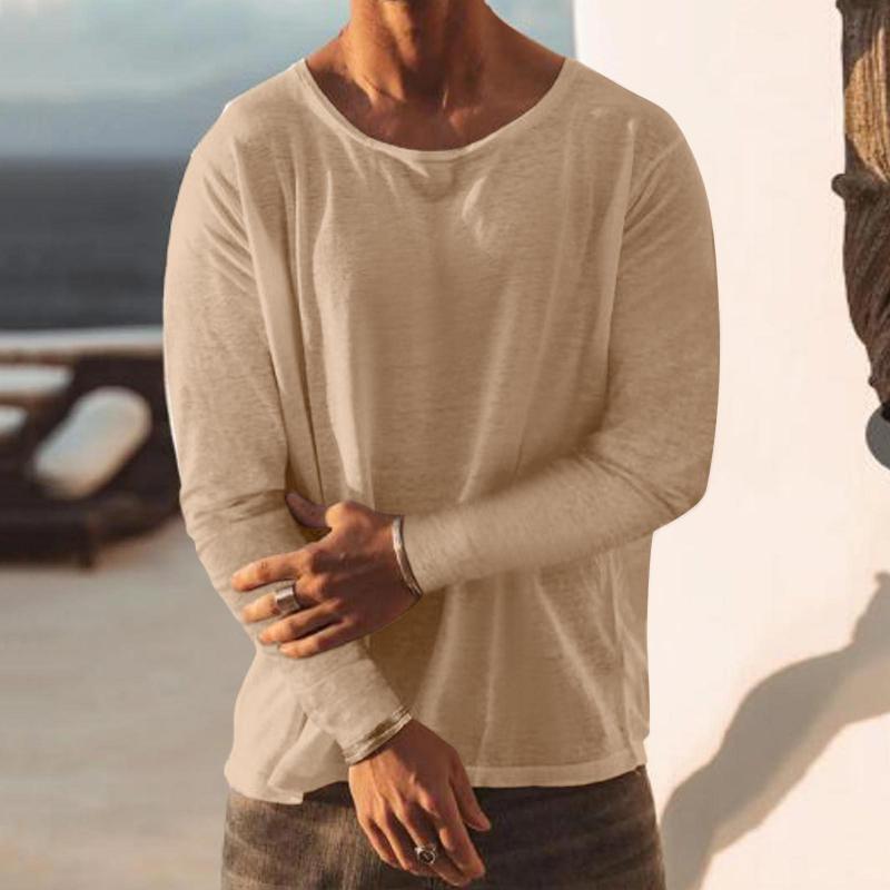 Men's Solid Loose Round Neck Long Sleeve Linen T-shirt