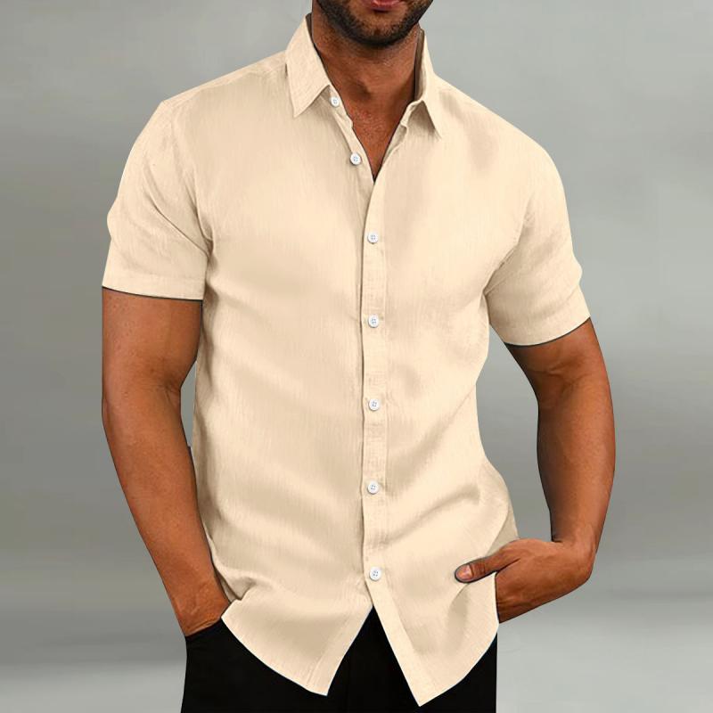 Men's Casual Cotton Linen Loose Lapel Slim Fit Short-sleeved Shirt