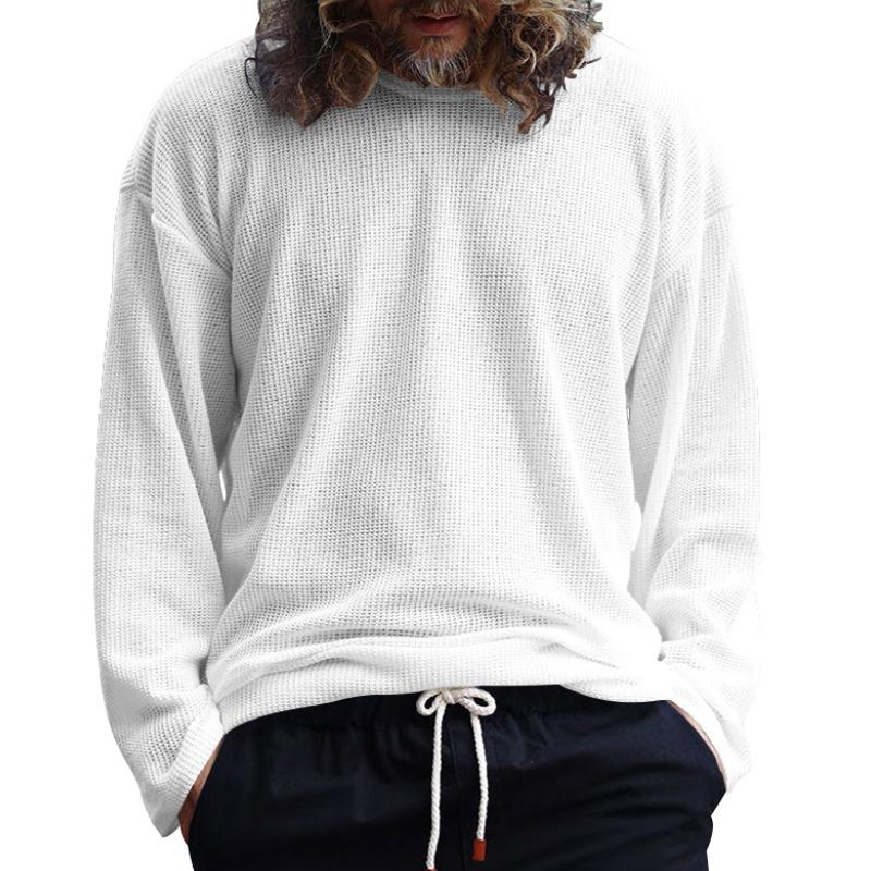 Men's Solid Color Knitted Waffle Loose Round Neck Long Sleeve T-Shirt