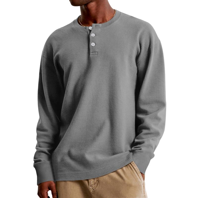 Men's Casual Waffle Henley Collar Loose Long Sleeve T-Shirt