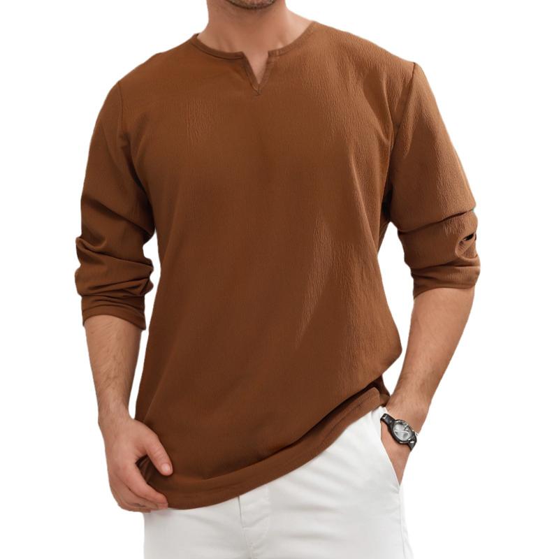 Men's Retro Casual Solid Color Small V Neck Long Sleeve T-shirt