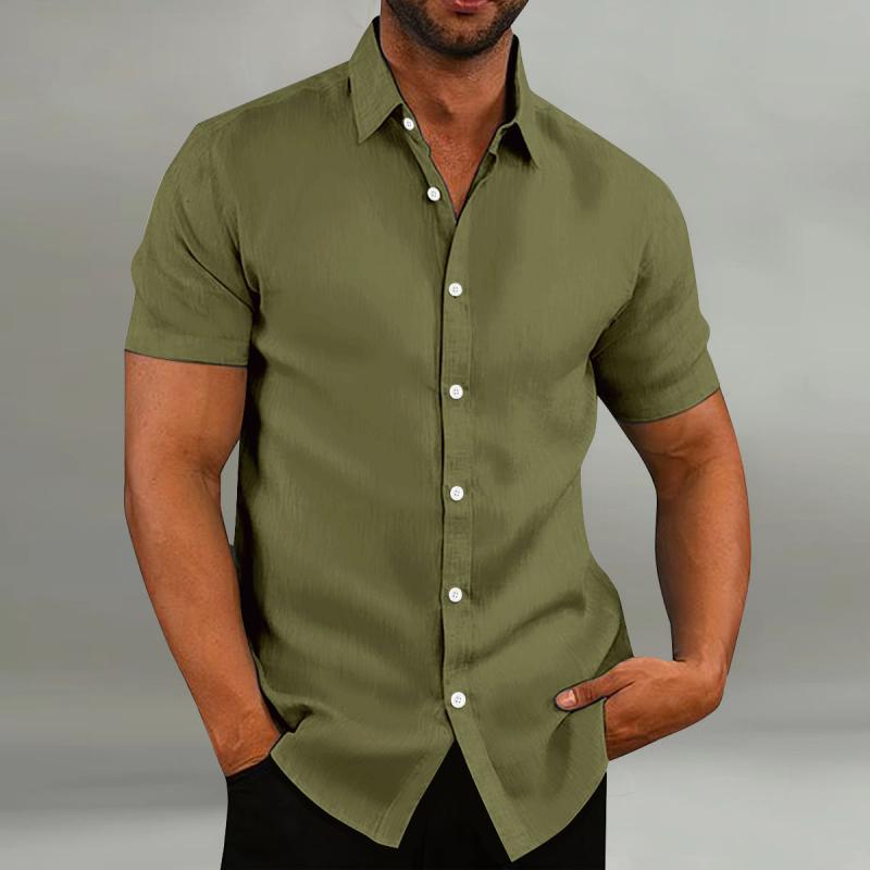 Men's Casual Cotton Linen Loose Lapel Slim Fit Short-sleeved Shirt