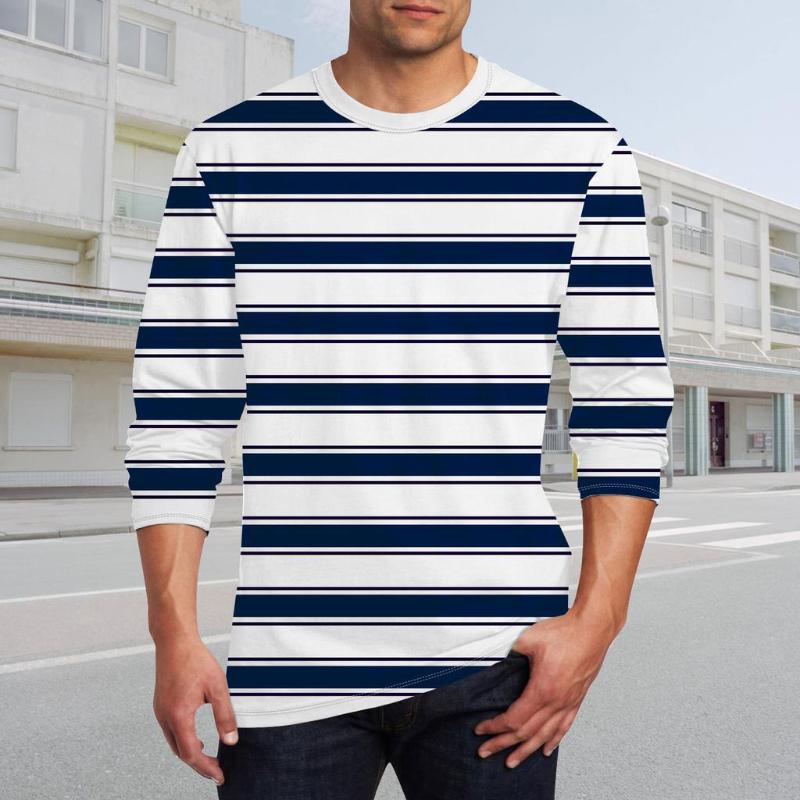 Men's Round Neck Printed Striped Long Sleeve T-shirt