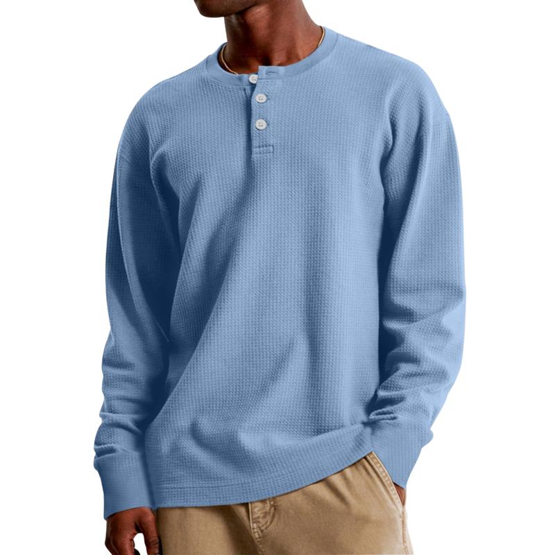 Men's Casual Waffle Henley Collar Loose Long Sleeve T-Shirt