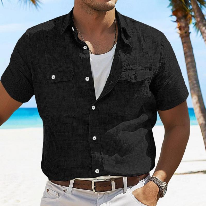 Men's Casual Cotton Linen Solid Color Lapel Flap Pocket Short Sleeve Shirt