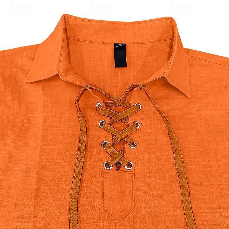 Men's Solid Linen Lapel Lace-up Collar Long Sleeve Shirt