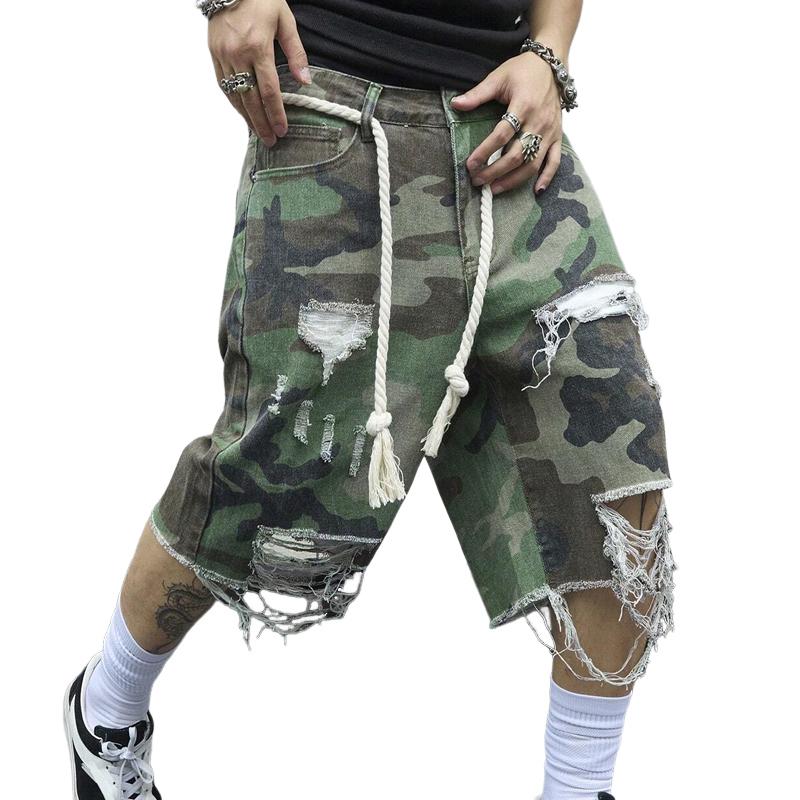 Men's Camouflage Washed Ripped Cropped Trousers