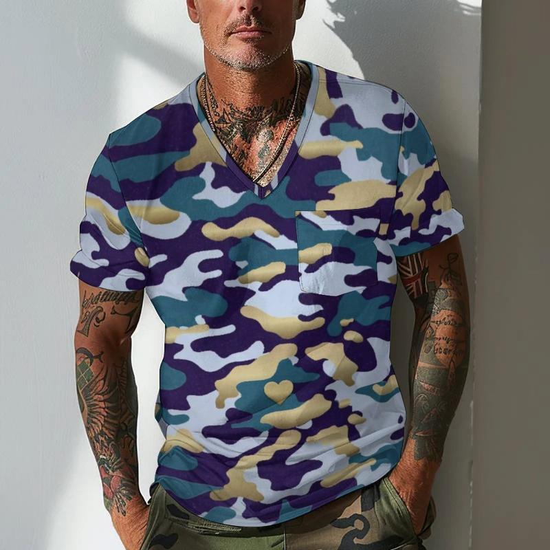 Men's Camouflage V Neck Breast Pocket Short Sleeve T-shirt