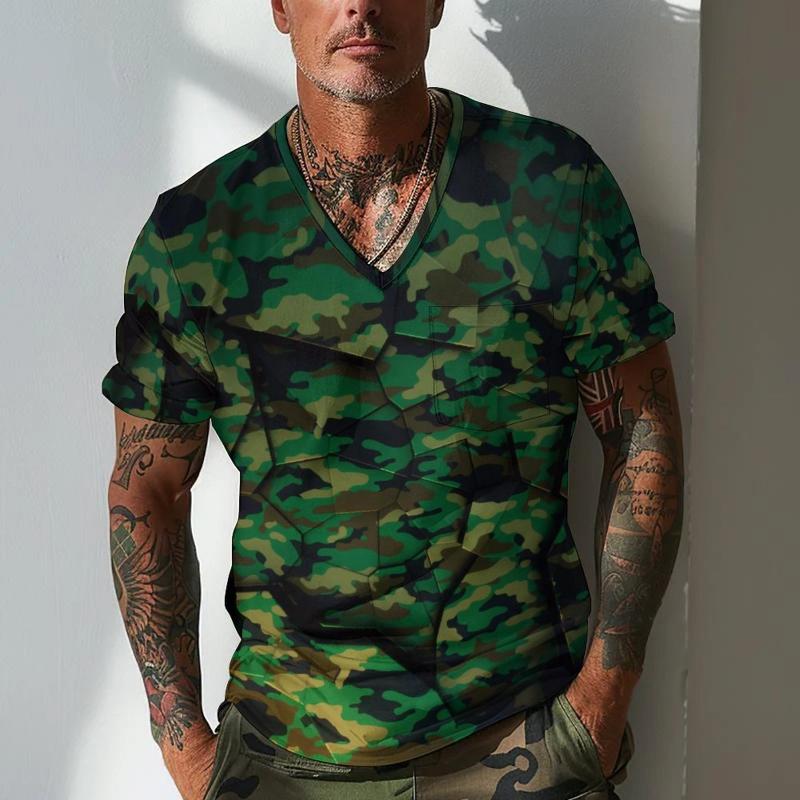 Men's Camouflage V Neck Breast Pocket Short Sleeve T-shirt