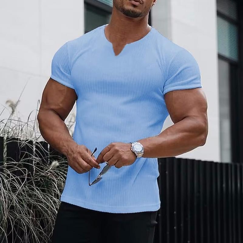 Men's V Neck Solid Striped Short Sleeve T-shirt